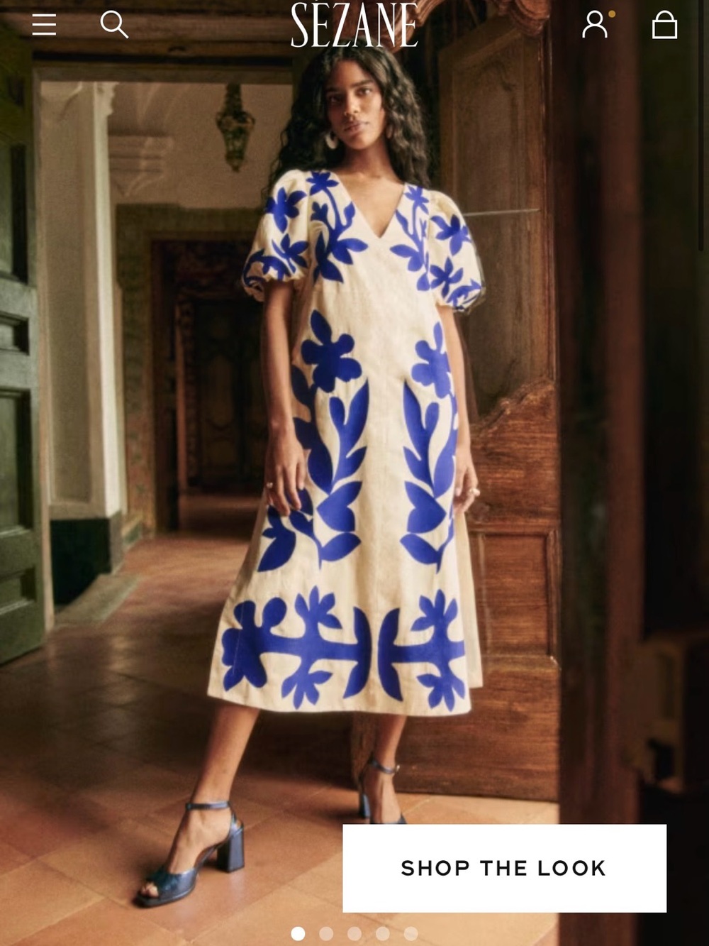 Sezane Osiris Cream Maxi Dress with Bold Blue Floral Embroidery